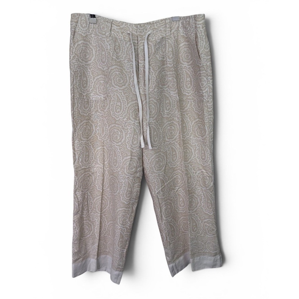Liz Claiborne Michaela Crop Pants Women's 12 Ivory Paisley 100% Linen Lagenlook